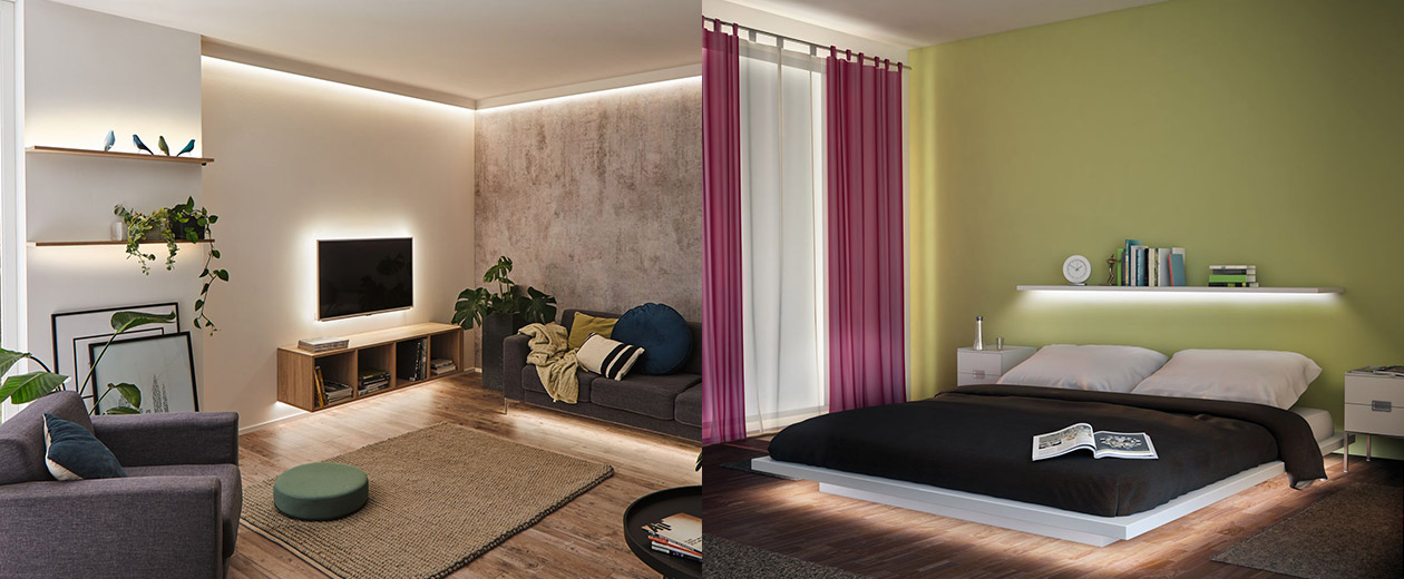 Ein gemütliches kleines wohnzimmer mit farbenfroher indirekter  led-beleuchtung