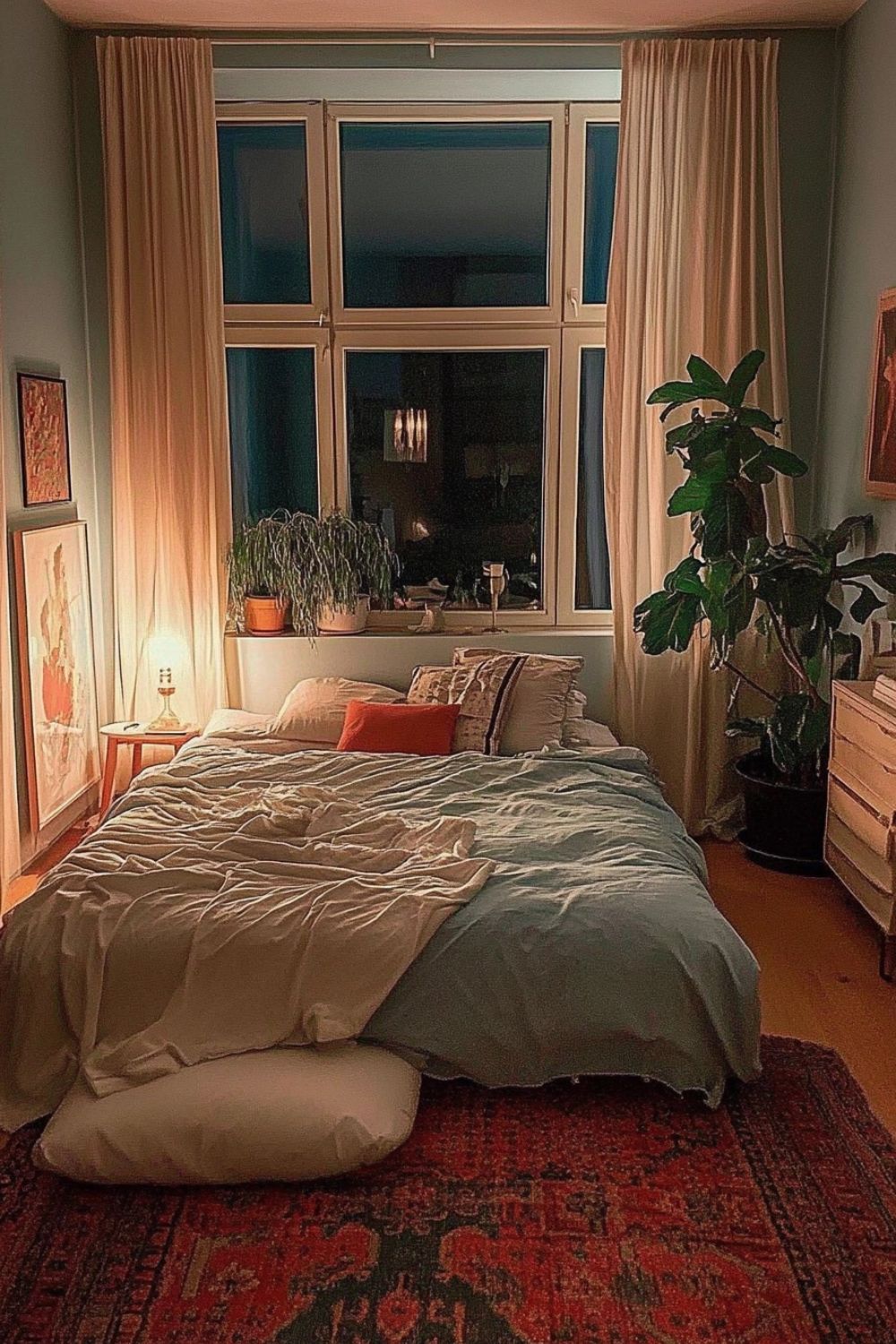 Modern eingerichtetes Schlafzimmer mit klassisch designter Nachttischlampe