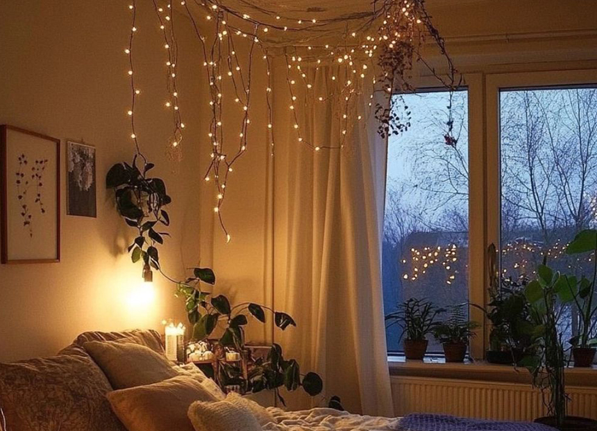 Schlafzimmer mit romantischem Lichtervorhang an der Decke