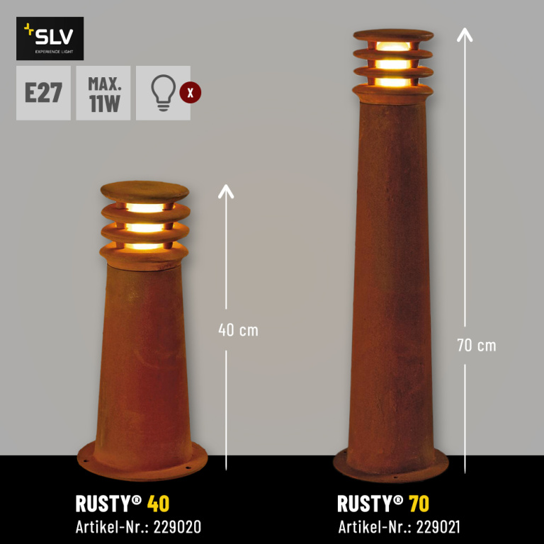 SLV RUSTY® 40 Aussenleuchte Wegeleuchte rund E27 TC-DSE max. 11W IP55 FeCSi-Stahl gerostet Höhe 40cm