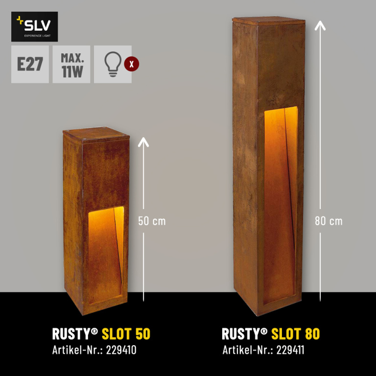 SLV RUSTY® SLOT 50 Outdoor Standleuchte E27 TC-DSE max. 11W IP44 FeCSi-Stahl gerostet Höhe 50cm