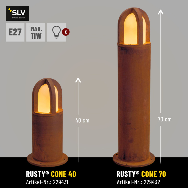 SLV RUSTY® CONE 70 Außenleuchte Gartenleuchte rund E27 TC-DSE max. 11W IP54 FeCSi-Stahl gerostet Höhe 70cm