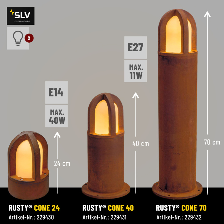 SLV RUSTY® CONE 70 Außenleuchte Gartenleuchte rund E27 TC-DSE max. 11W IP54 FeCSi-Stahl gerostet Höhe 70cm