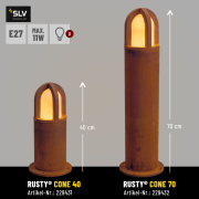 RUSTY® CONE 70 Außenleuchte Gartenleuchte rund E27 TC-DSE max. 11W IP54 FeCSi-Stahl gerostet Höhe 70cm