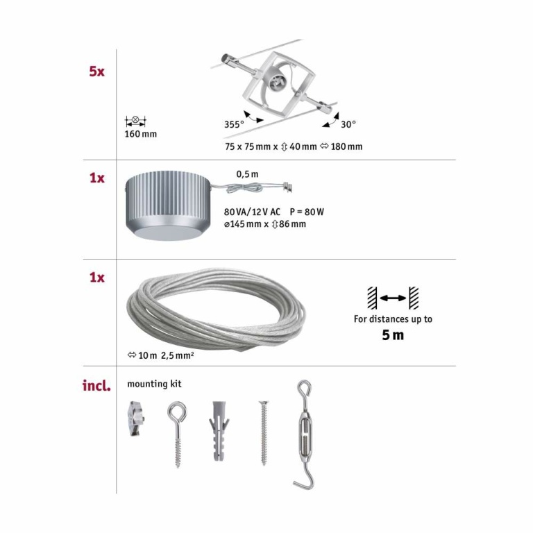 Paulmann Seilsystem Mac II Basisset GU5,3 max. 5x10W 230/12V Chrom matt