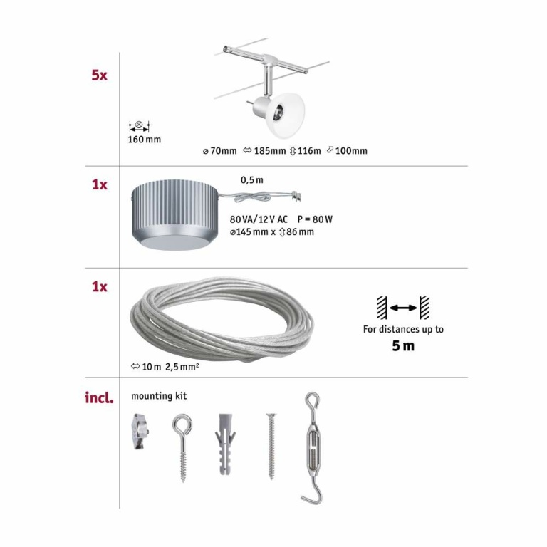 Paulmann Seilsystem Sheela Basisset GU5,3 max. 5x10W 230/12V Chrom matt/Opal