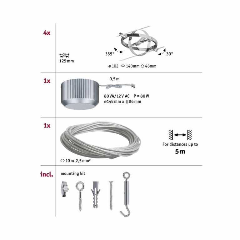 Paulmann Seilsystem Cardan Basisset GU5,3 max. 4x10W 230/12V Chrom matt/Chrom