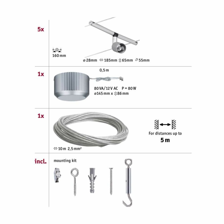 Paulmann LED Seilsystem Spice SaltLED Basisset GU5,3 max. 5x10W 230/12V Chrom matt