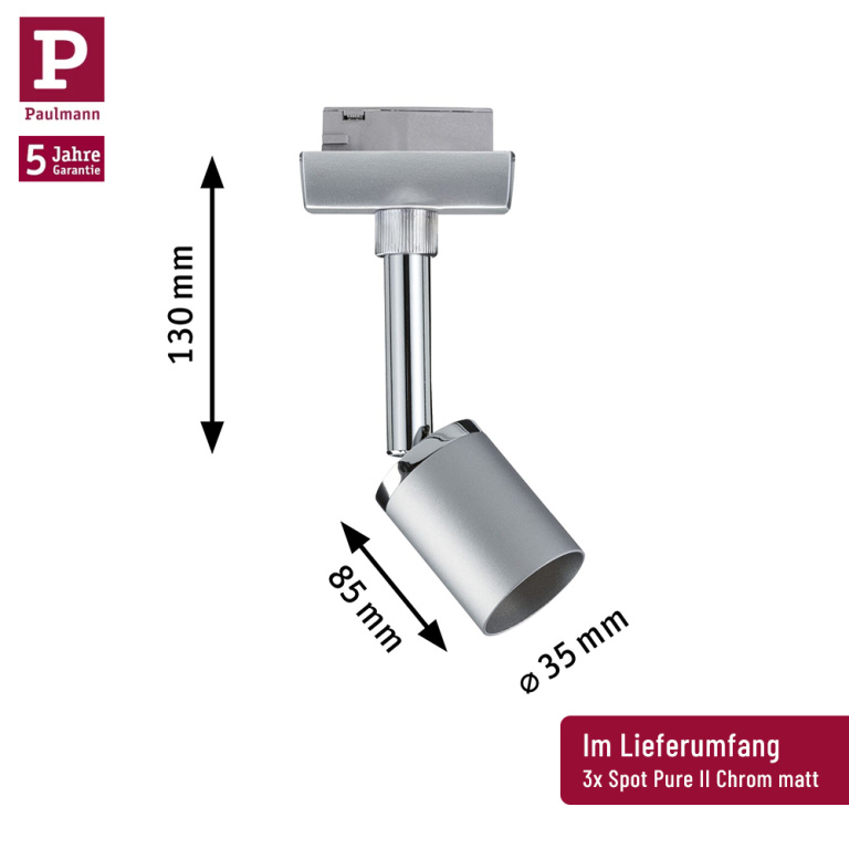 Paulmann URail LED Schienensystem Komplettset Pure II Chrom matt + 1m Schiene + 3 Schienenspots