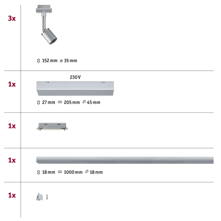 Paulmann URail LED Schienensystem Komplettset Pure II Chrom matt + 1m Schiene + 3 Schienenspots
