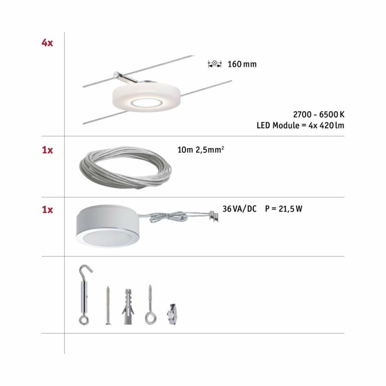 Paulmann LED Seilsystem Smart Home Bluetooth DiscLED I Basisset 4x200lm 4x4W Tunable White 230/12V Satin