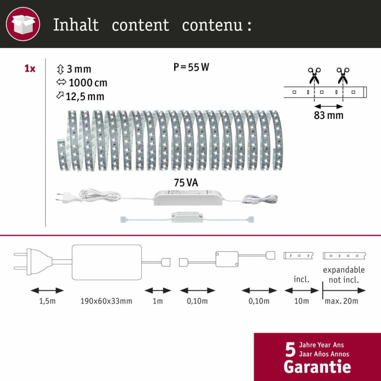 Paulmann MaxLED 500 Basisset unbeschichtet 10m Tagestlichtweiß inkl. Bluetooth Controller