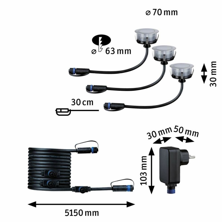 Paulmann Plug & Shine Basisset LED Bodeneinbauleuchte Floor Eco IP67 3000K 3x2W 21VA Silber