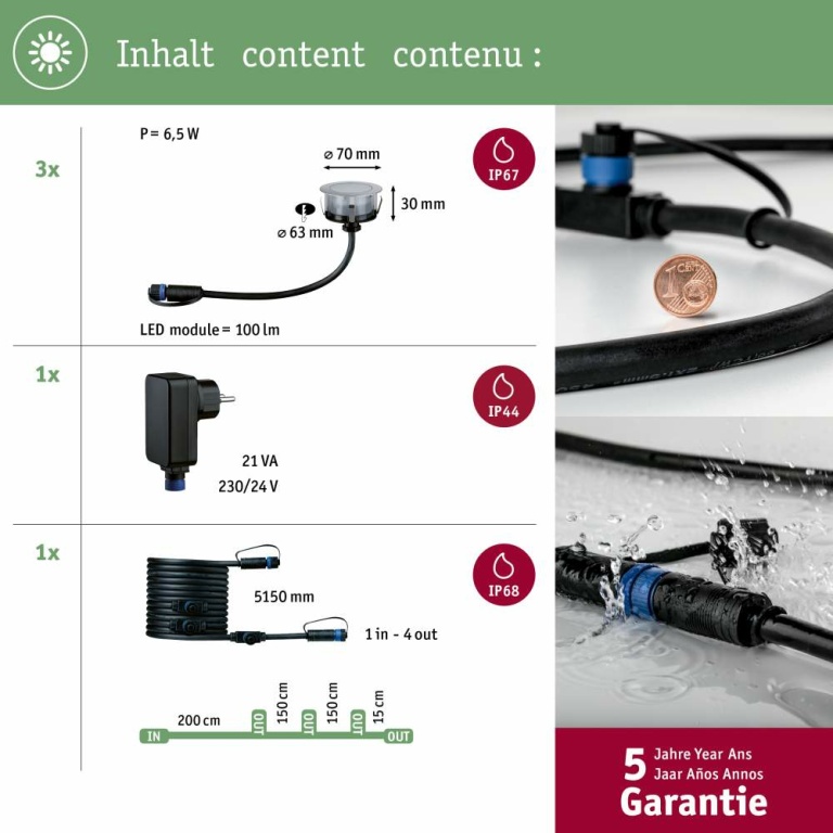 Paulmann Plug & Shine Basisset LED Bodeneinbauleuchte Floor Eco IP67 3000K 3x2W 21VA Silber