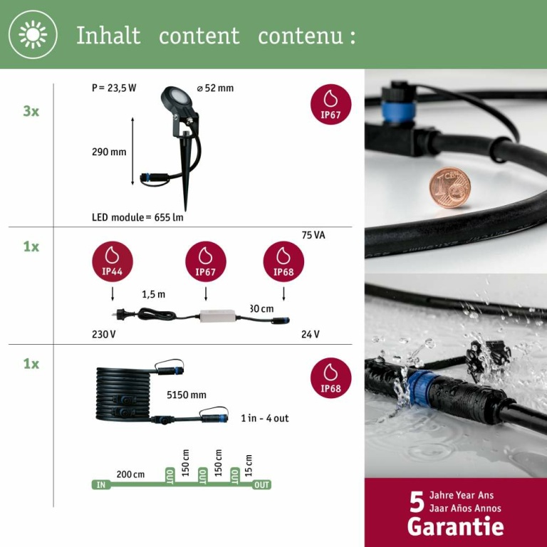 Paulmann Plug & Shine LED Gartenstrahler Sting Basisset IP67 3000K 3x6W 75VA Anthrazit