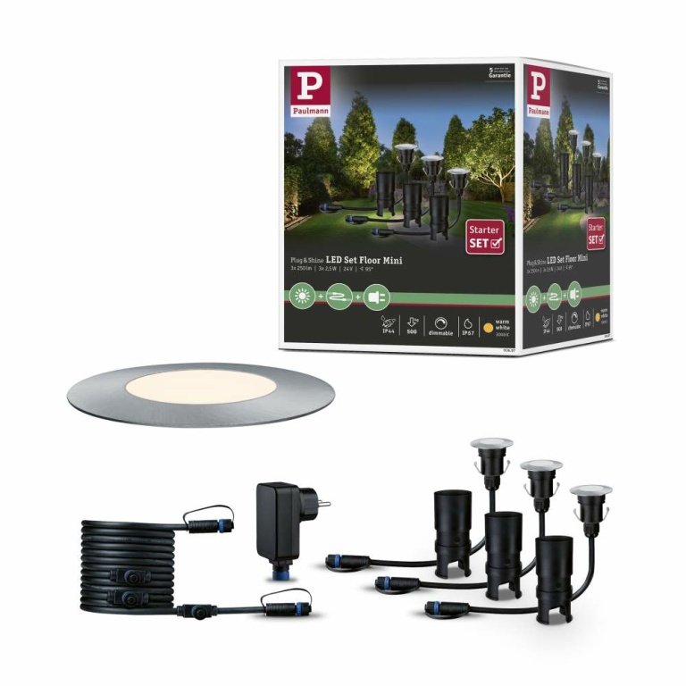 Paulmann Plug & Shine Basisset LED Bodeneinbauleuchte Floor Mini IP67 3000K 3x2,5W 21VA Silber