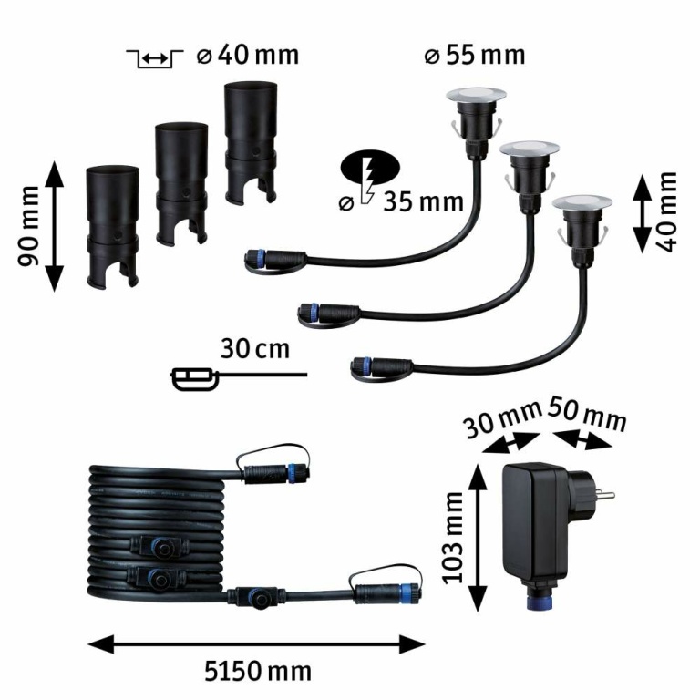 Paulmann Plug & Shine Basisset LED Bodeneinbauleuchte Floor Mini IP67 3000K 3x2,5W 21VA Silber