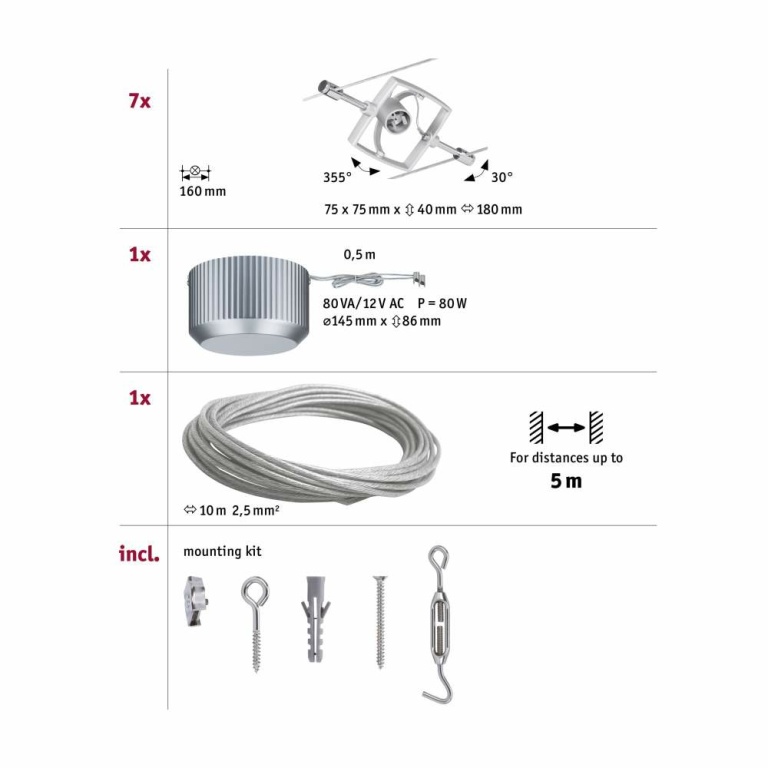 Paulmann Seilsystem Mac II Basisset GU5,3 max. 7x10W 230/12V Chrom matt