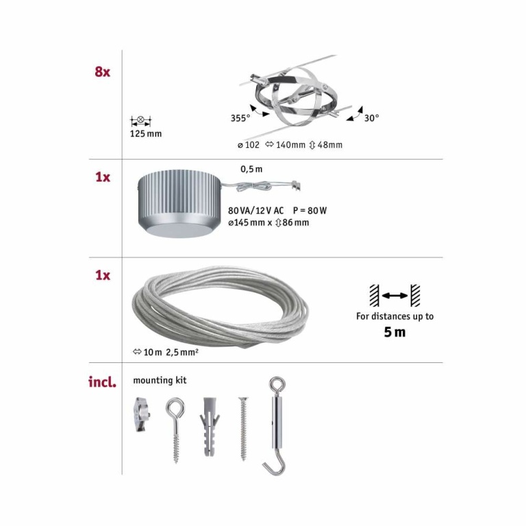 Paulmann Seilsystem Cardan Basisset GU5,3 max. 8x10W 230/12V Chrom matt/Chrom