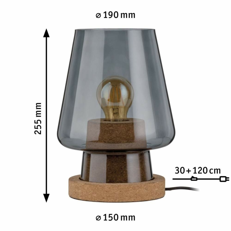 Paulmann Nachttischleuchte Neordic Iben Rauchglas Kork E27 mit Schnurschalter