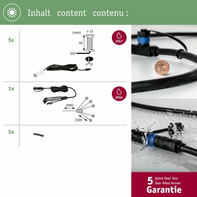 Paulmann Plug & Shine LED Bodeneinbauleuchte MicroPen II Erweiterungsset IP67 3000K 5x0,22W Silber