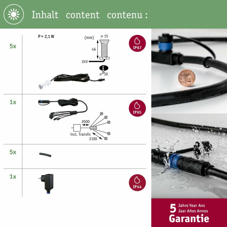 Paulmann Plug & Shine LED Bodeneinbauleuchte MicroPen II Basisset IP67 3000K 5x0,22W 21VA Silber