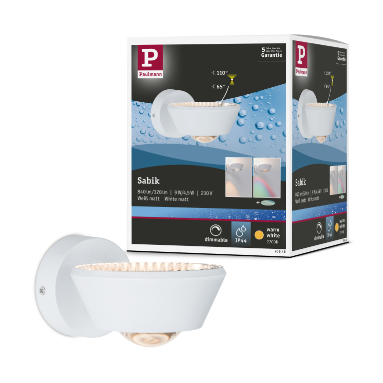 Paulmann LED Designer Wandleuchte Sabik Weiß matt Up&Down IP44 9W drehbar dimmbar