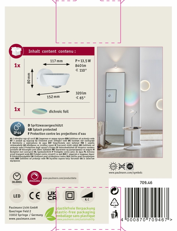 Paulmann LED Designer Wandleuchte Sabik Weiß matt Up&Down IP44 9W drehbar dimmbar