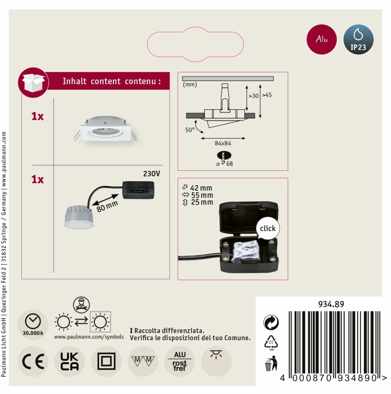 Paulmann LED Einbauleuchte Nova Coin Einzelleuchte eckig 6W IP23 Weiß (matt) schwenkbar dimmbar 3-step-dim 2700K 230V