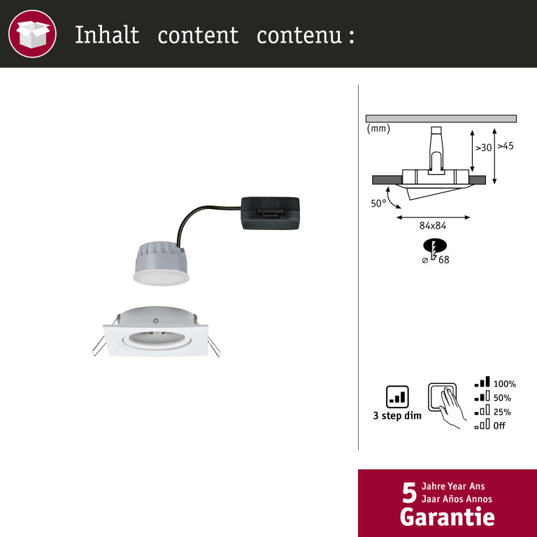 Paulmann LED Einbauleuchte Nova Coin Einzelleuchte eckig 6W IP23 Weiß (matt) schwenkbar dimmbar 3-step-dim 2700K 230V