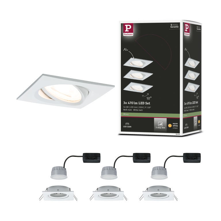 Paulmann LED Einbauleuchte Nova Coin 3er Set eckig 6W IP23 Weiß (matt) schwenkbar dimmbar 3-step-dim 2700K 230V