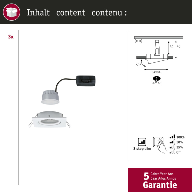 Paulmann LED Einbauleuchte Nova Coin 3er Set eckig 6W IP23 Weiß (matt) schwenkbar dimmbar 3-step-dim 2700K 230V