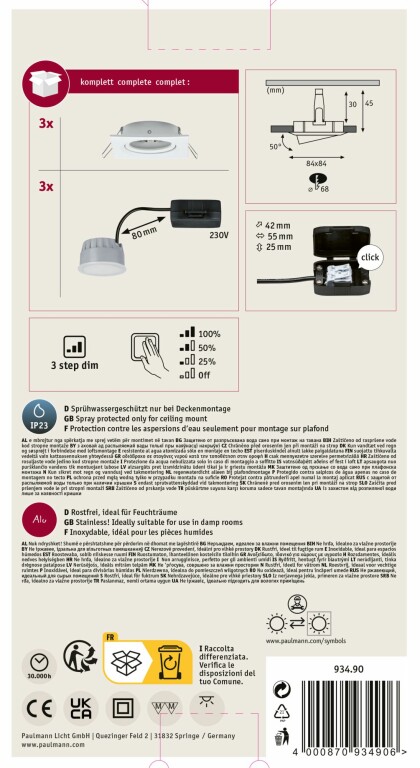 Paulmann LED Einbauleuchte Nova Coin 3er Set eckig 6W IP23 Weiß (matt) schwenkbar dimmbar 3-step-dim 2700K 230V