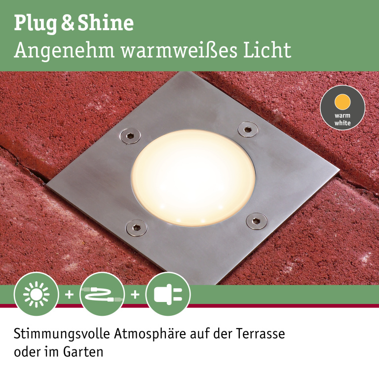 Paulmann Plug & Shine LED Bodeneinbauleuchte Floor eckig IP65 3000K 3,8W Edelstahl Einzelspot