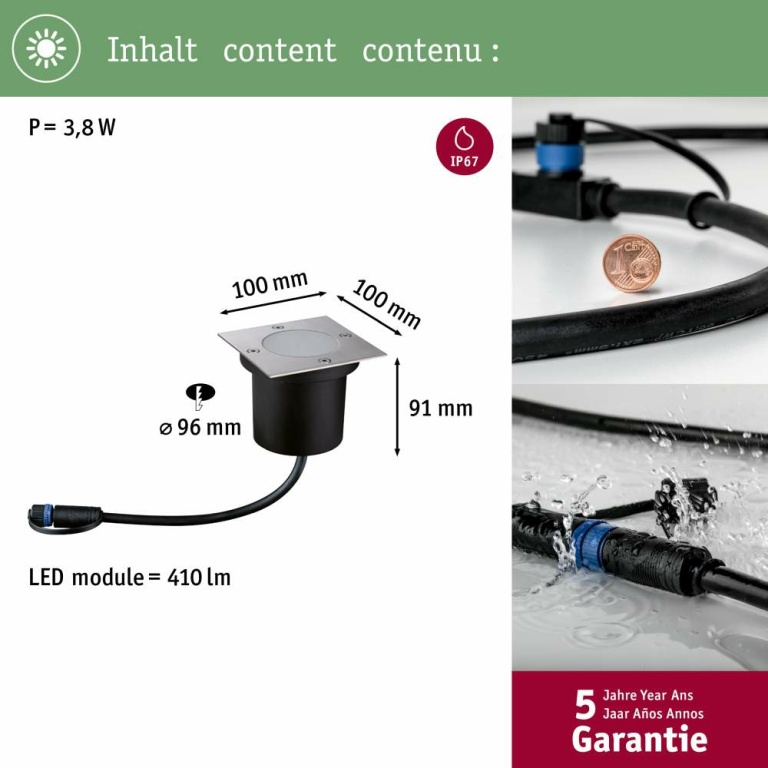 Paulmann Plug & Shine LED Bodeneinbauleuchte Floor eckig IP65 3000K 3,8W Edelstahl Einzelspot