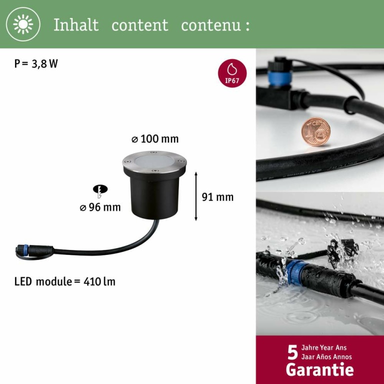 Paulmann Plug & Shine LED Bodeneinbauleuchte Floor rund IP65 3000K 3,8W Edelstahl Einzelspot