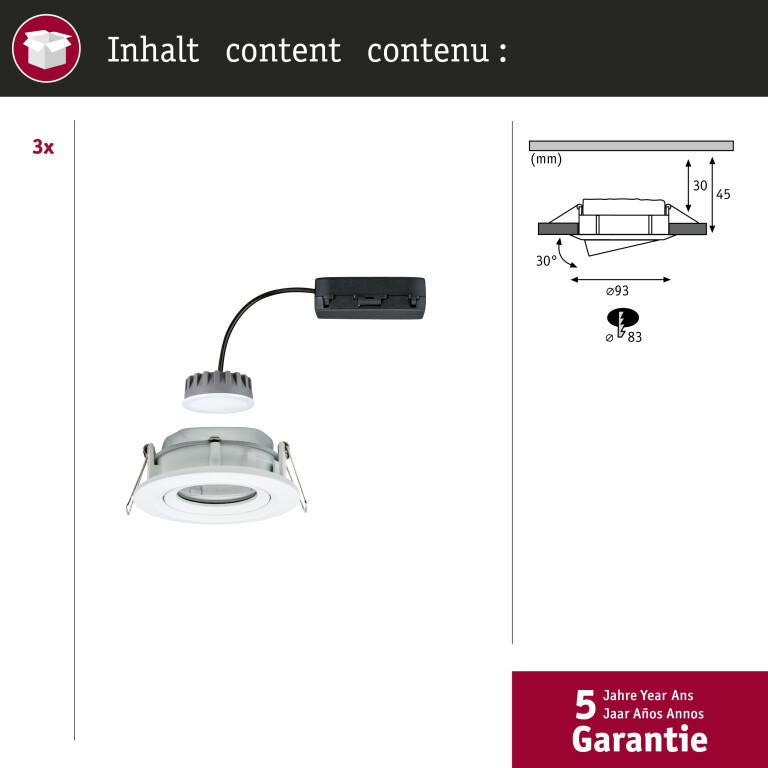 Paulmann LED Einbauleuchten 3er Set Nova Plus Coin rund 6W 470lm IP65 Weiß matt schwenkbar dimmbar 230V