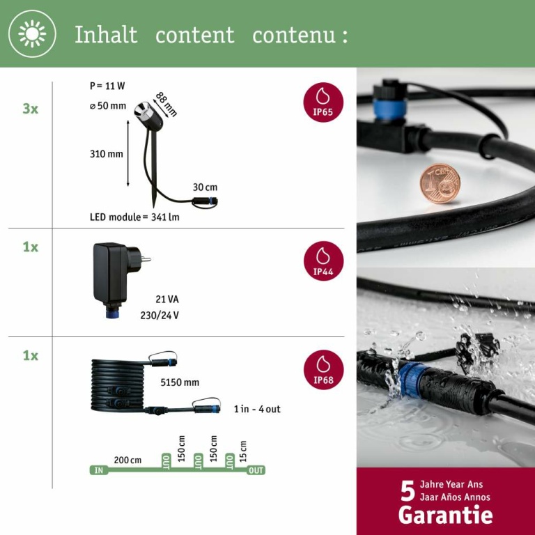 Paulmann Plug & Shine LED Gartenstrahler Pike Basisset IP65 3000K 3x3,5W 21VA Anthrazit