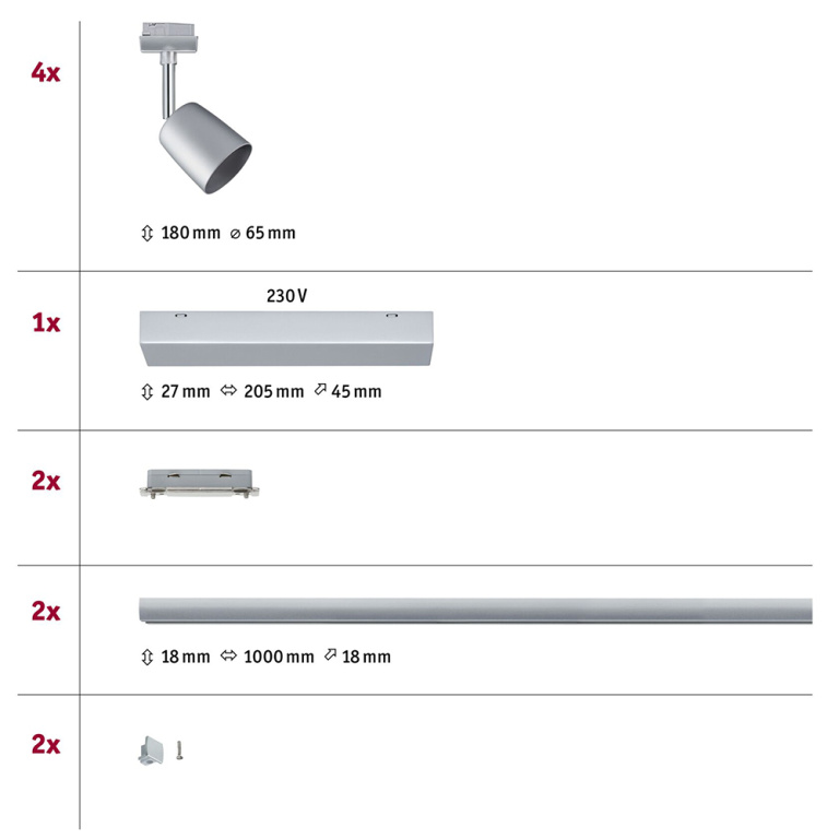 Paulmann URail LED Schienensystem Komplettset Cover Chrom matt + 2x Schiene 1m + 4 Schienenspots