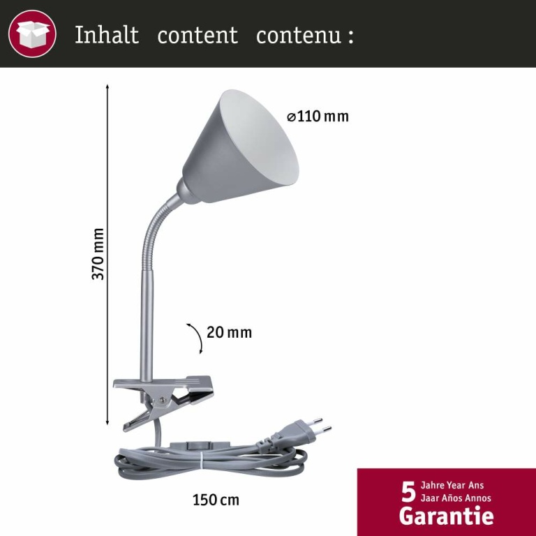 Paulmann Klemmleuchte Vitis mit Flexarm E14 Grau