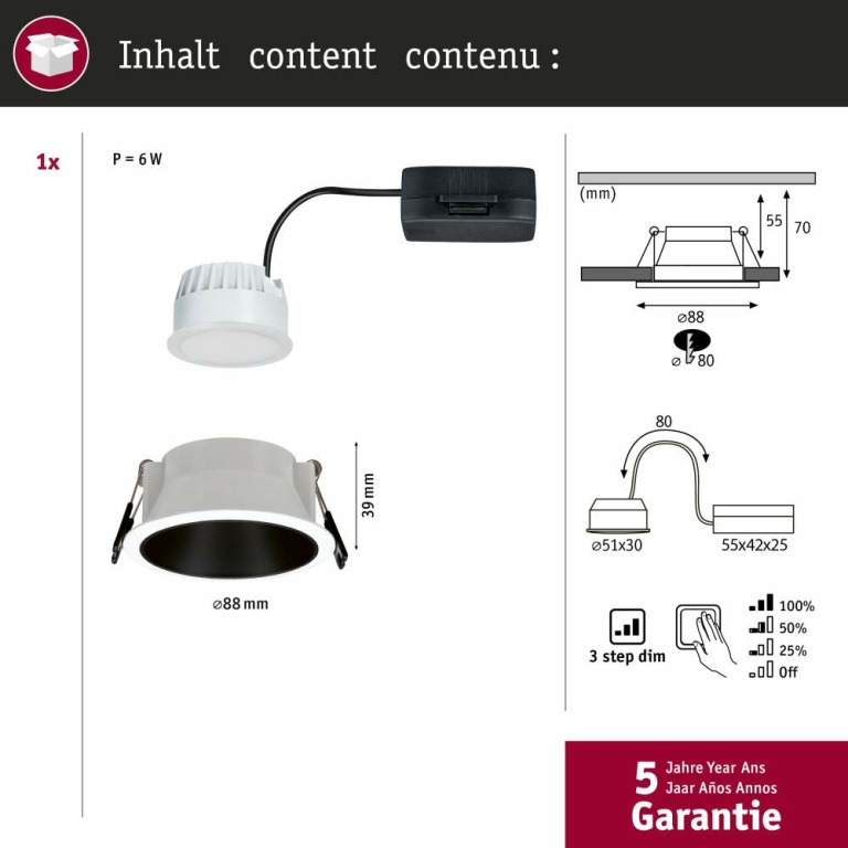 Paulmann LED Einbauleuchte Cole Coin Weiß/Schwarz matt 6W 470lm 2700K IP44 3-Step-Dim