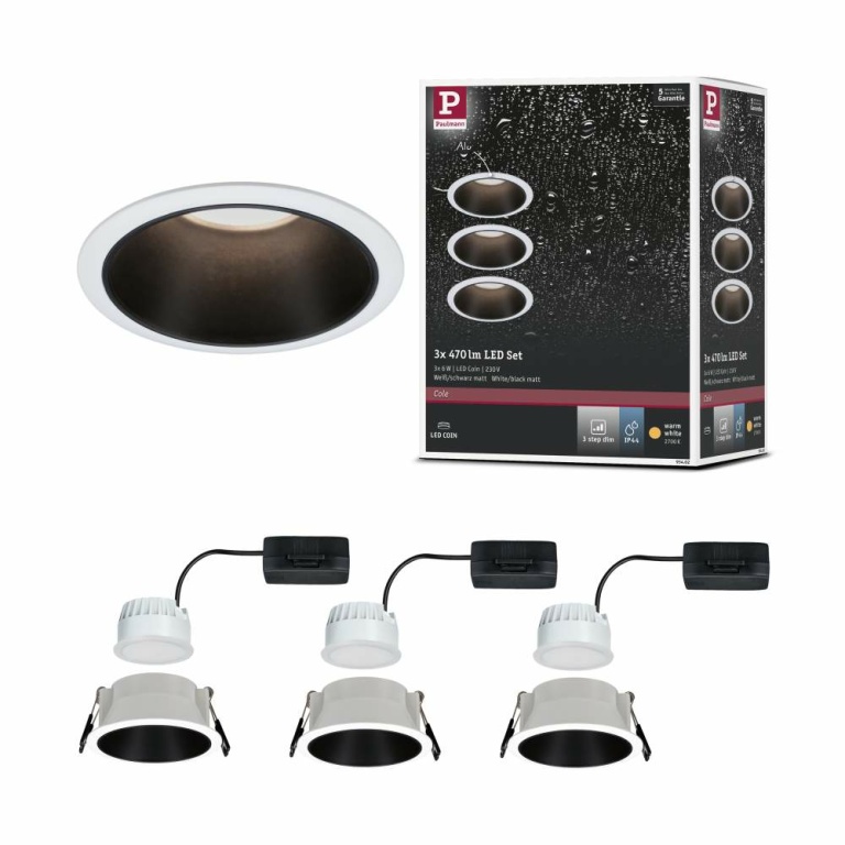 Paulmann LED Einbauleuchte Cole Coin Weiß/Schwarz matt 3er-Set 6W 470lm 2700K IP44 3-Step-Dim