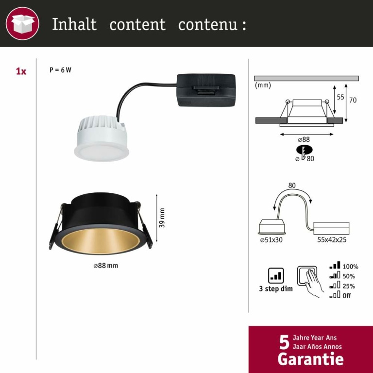 Paulmann LED Einbauleuchte Cole Coin Schwarz/Gold matt 6W 470lm 2700K IP44 3-Step-Dim