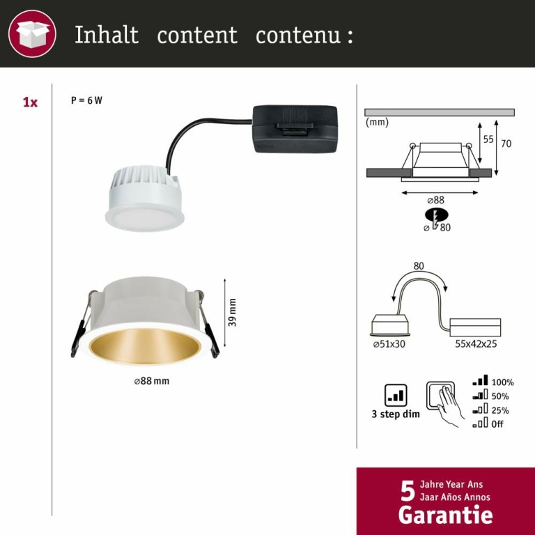 Paulmann LED Einbauleuchte Cole Coin Weiß/Gold matt 6W 470lm 2700K IP44 3-Step-Dim