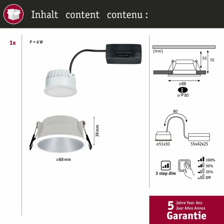 Paulmann LED Einbauleuchte Cole Coin Weiß/Silber 6W 470lm 2700K IP44 3-Step-Dim