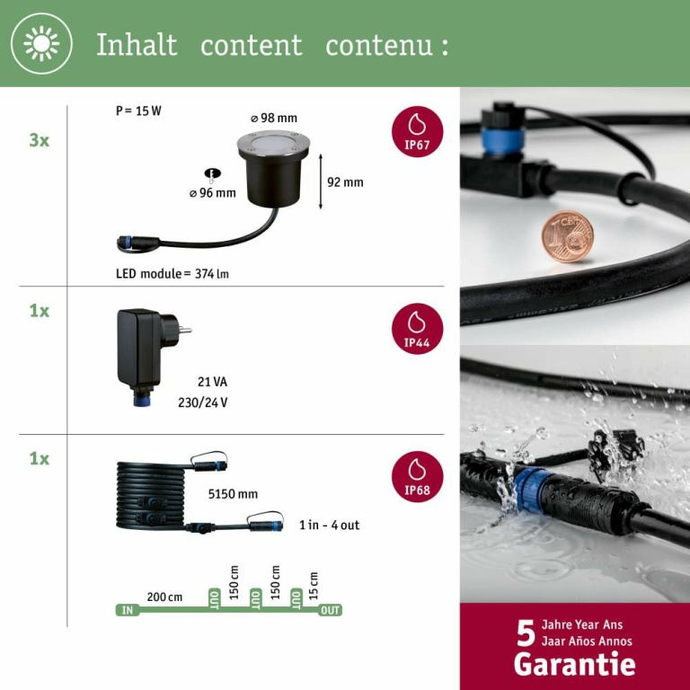 Paulmann Plug & Shine LED Bodeneinbauleuchte Smart Home Zigbee RGBW Basisset IP65 RGBW+ 3x3,6W Silber