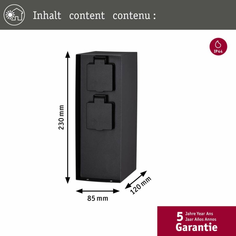 Paulmann Outdoor Steckdosensäule Rio eckig 2 fach Zeitschaltuhr