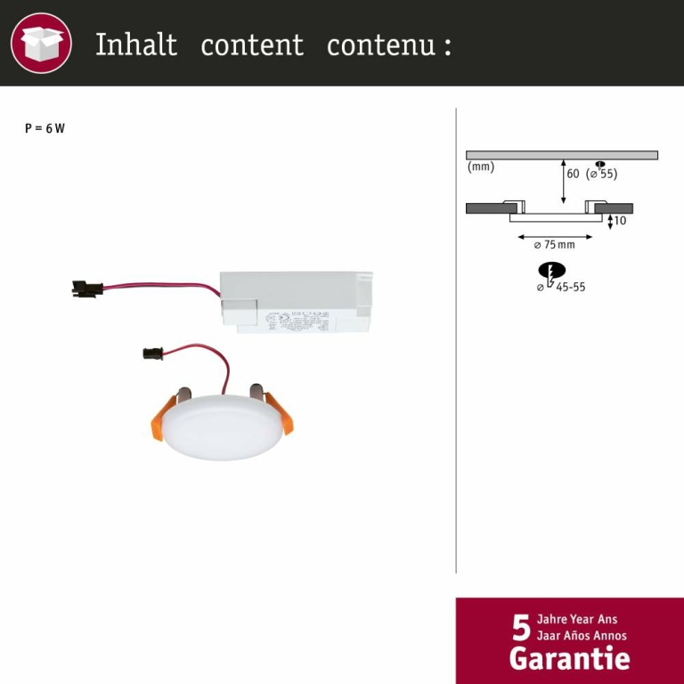 Paulmann LED Einbaupanel Veluna VariFit rund 75mm 4,5W 400lm 4000K IP44 Satin