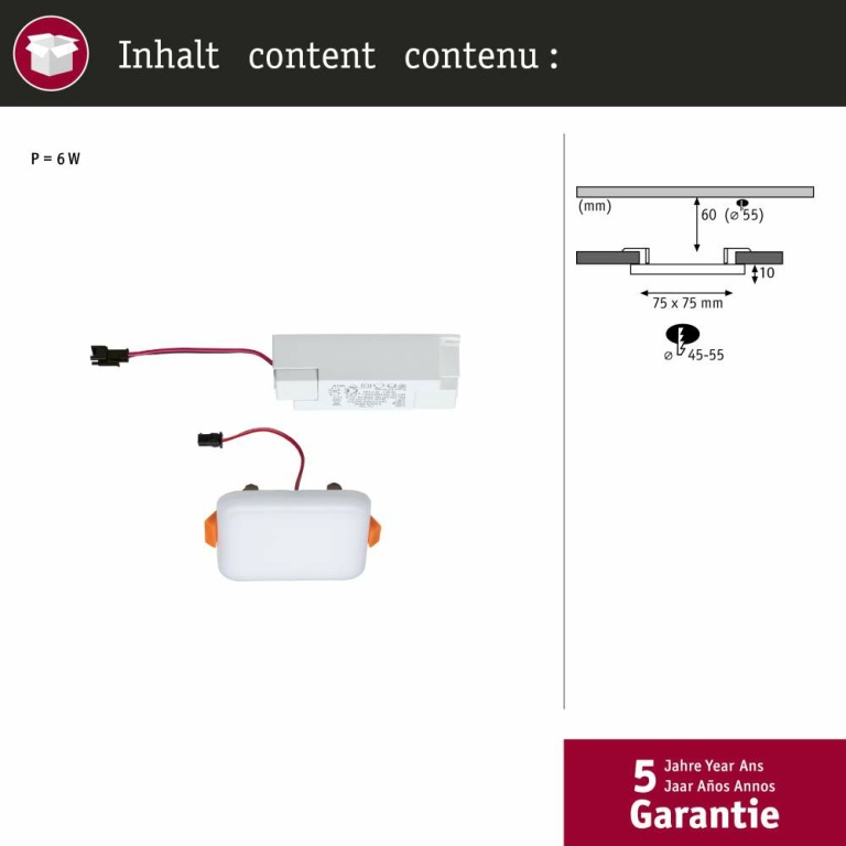 Paulmann LED Einbaupanel Veluna VariFit IP44 eckig 75x75mm 4,5W 3.000K Satin