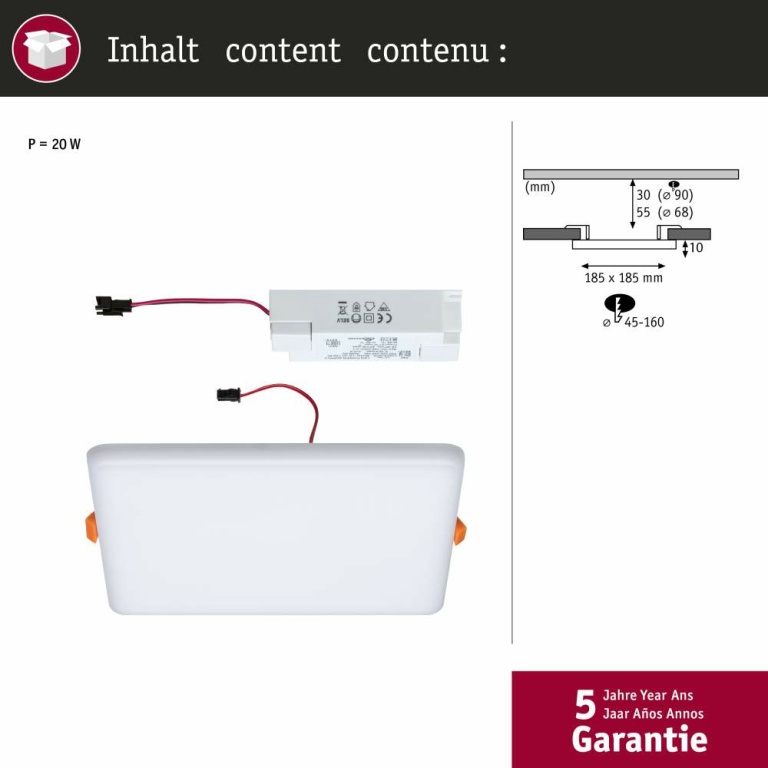 Paulmann LED Einbaupanel Veluna VariFit IP44 eckig 185x185mm 17W 3.000K Satin